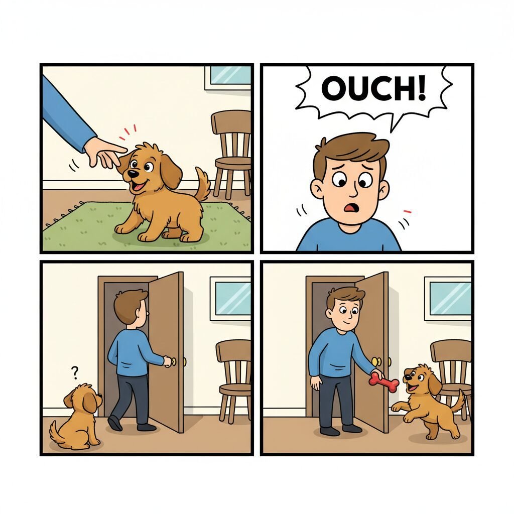 A four-panel comic strip style image illustrating the steps. Panel 1: A puppy playfully nips a person's hand. Panel 2: A speech bubble above the person's head says 'Ouch!'. Panel 3: The person is shown walking out of the room, closing a door behind them. Panel 4: The person returns with a calm expression, holding out a chew toy to the puppy.