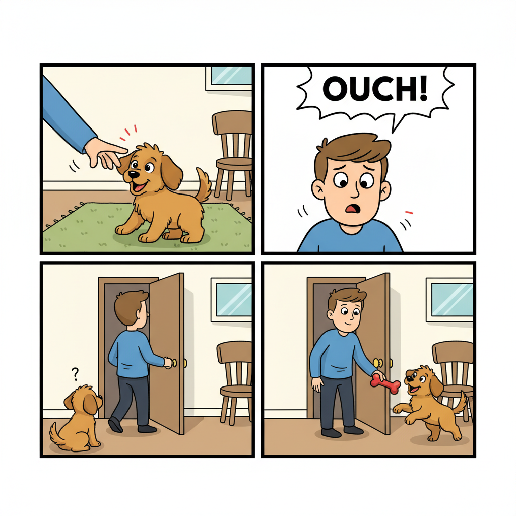A four-panel comic strip style image illustrating the steps. Panel 1: A puppy playfully nips a person's hand. Panel 2: A speech bubble above the person's head says 'Ouch!'. Panel 3: The person is shown walking out of the room, closing a door behind them. Panel 4: The person returns with a calm expression, holding out a chew toy to the puppy.