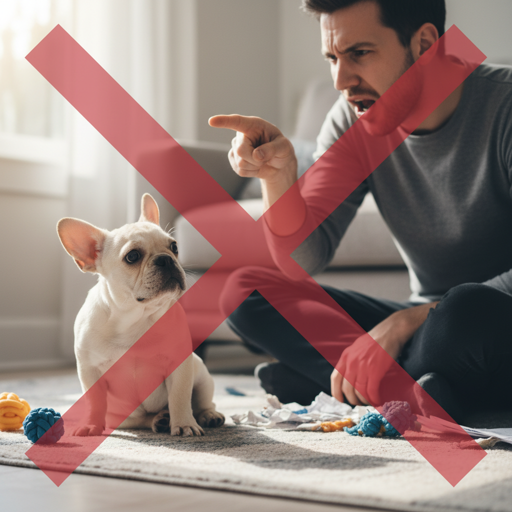 A person looking frustrated and shaking a finger at a confused-looking French bulldog puppy, with a large, transparent red 'X' superimposed over the image to clearly signal this is incorrect behavior.