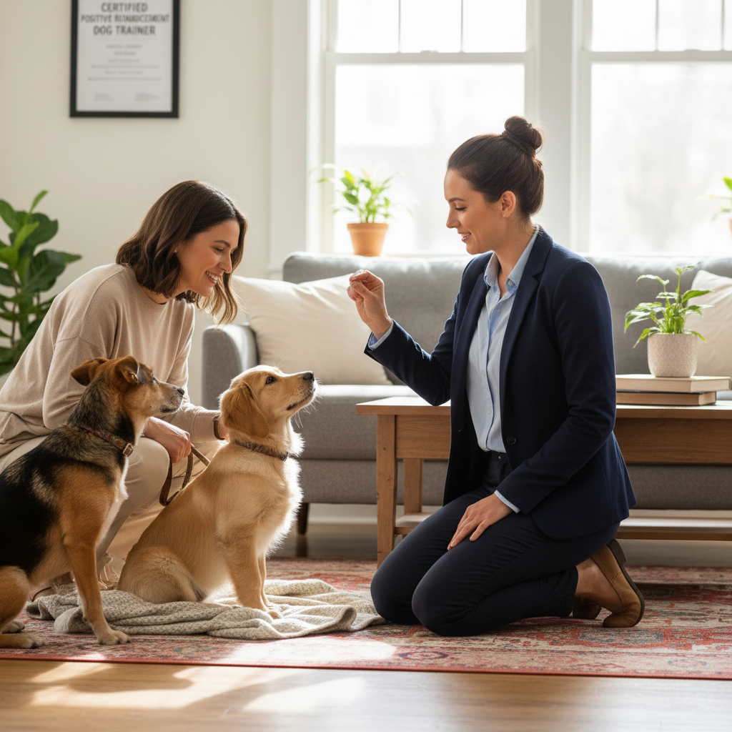 A calm and professional-looking dog trainer kneeling and speaking kindly to a dog owner in a living room setting. The trainer is demonstrating a positive technique with a small puppy, showing a supportive and educational interaction.