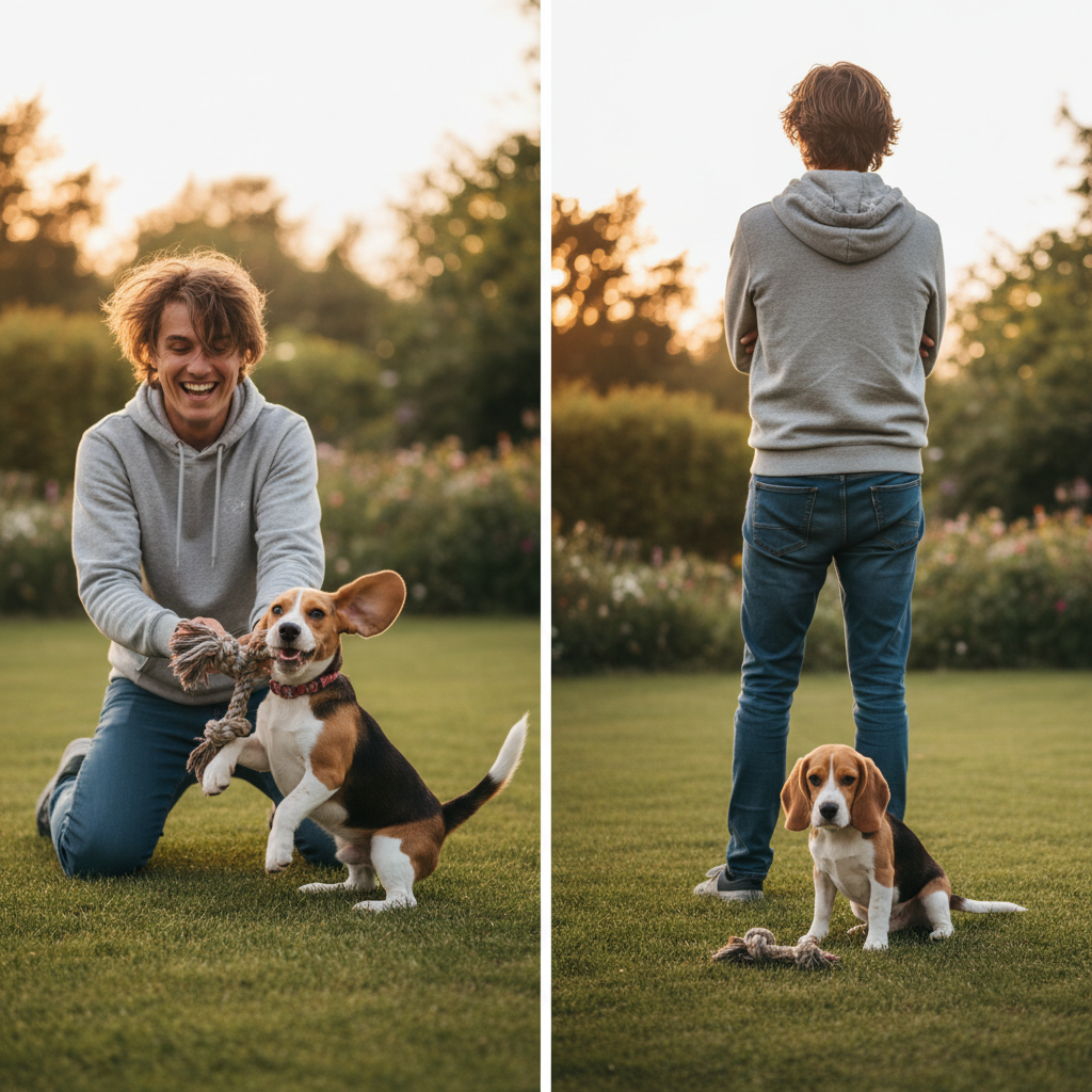 A diptych image. On the left, a person is joyfully playing tug-of-war with a happy beagle puppy. On the right, the same person has calmly stood up and turned their back, arms crossed, while the beagle puppy sits looking confused with the toy on the floor.
