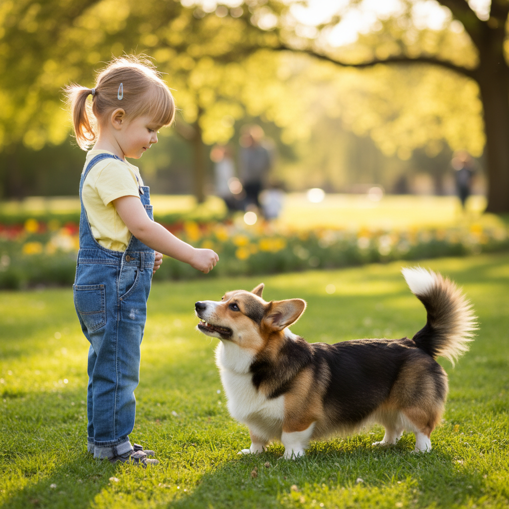 A clear, eye-level shot of a young child standing calmly while a friendly Corgi sniffs the back of her gently offered, closed hand. The interaction takes place in a sunny park, modeling the perfect 'sniff test' rule.