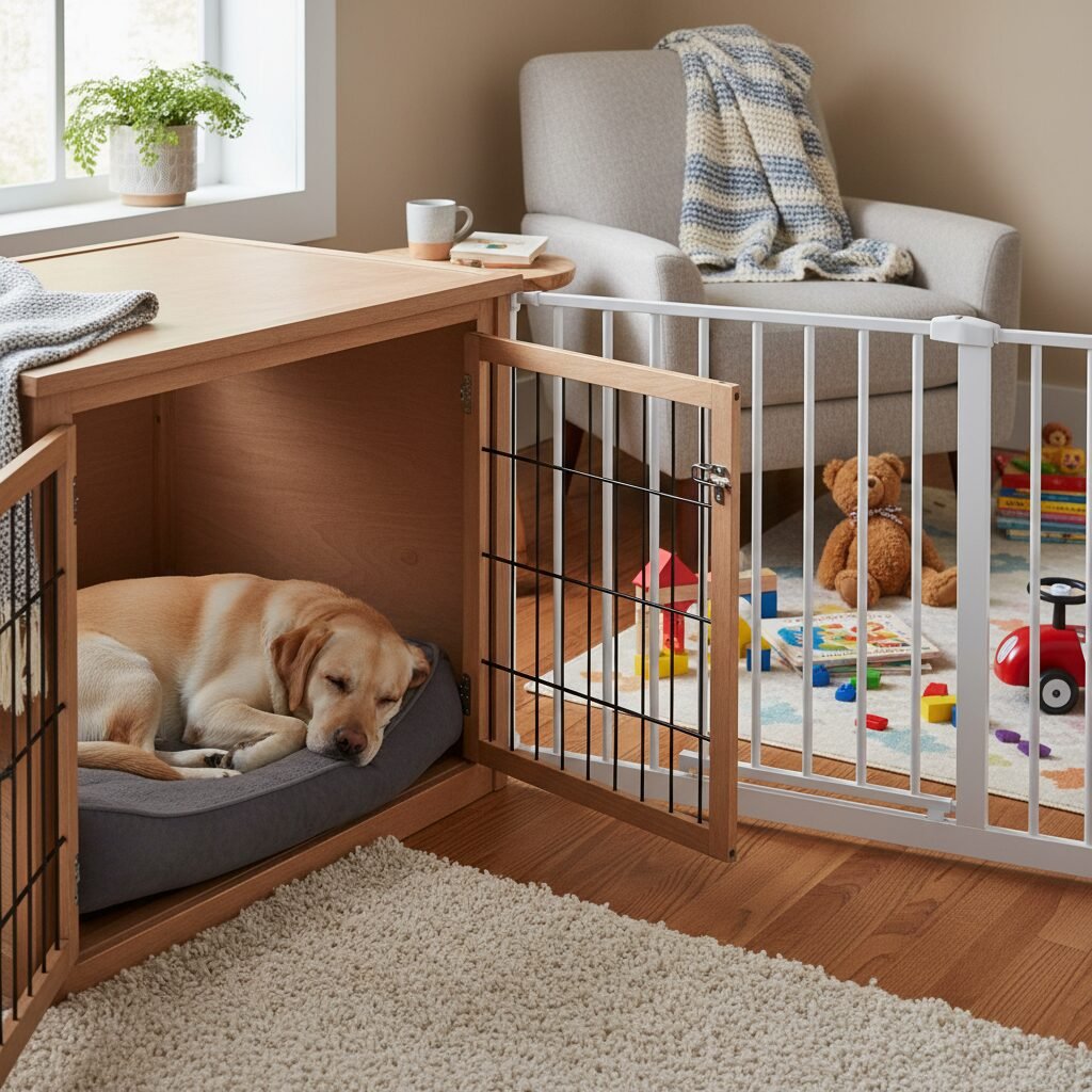 A cozy corner of a living room featuring a comfortable dog crate with the door open. Inside, a Labrador Retriever is peacefully snoozing on a soft bed. A clear visual boundary, like a baby gate partially visible, separates the space from a child's toy area.