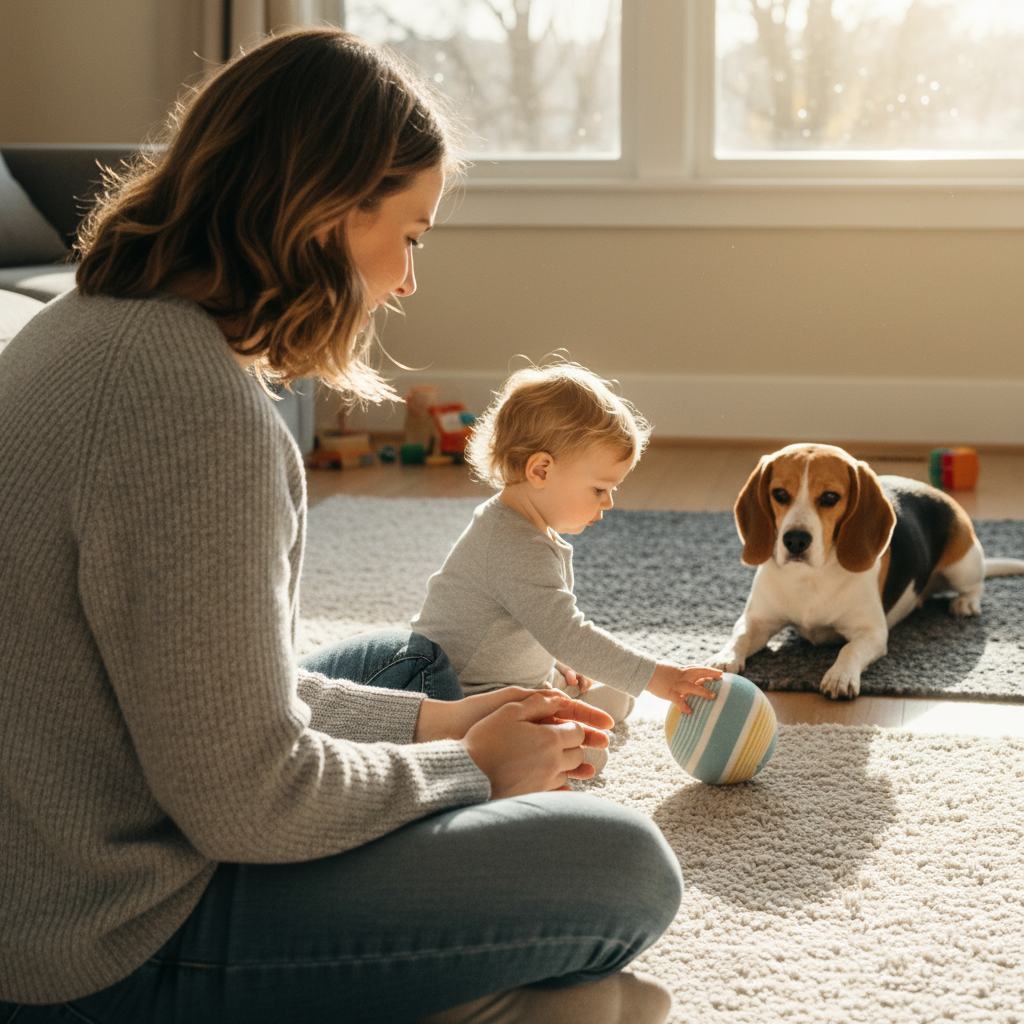An over-the-shoulder shot of a parent sitting on the floor, attentively watching their toddler gently rolling a soft ball towards the family's calm Beagle a few feet away. The parent's focus is clearly on the interaction, demonstrating active supervision.