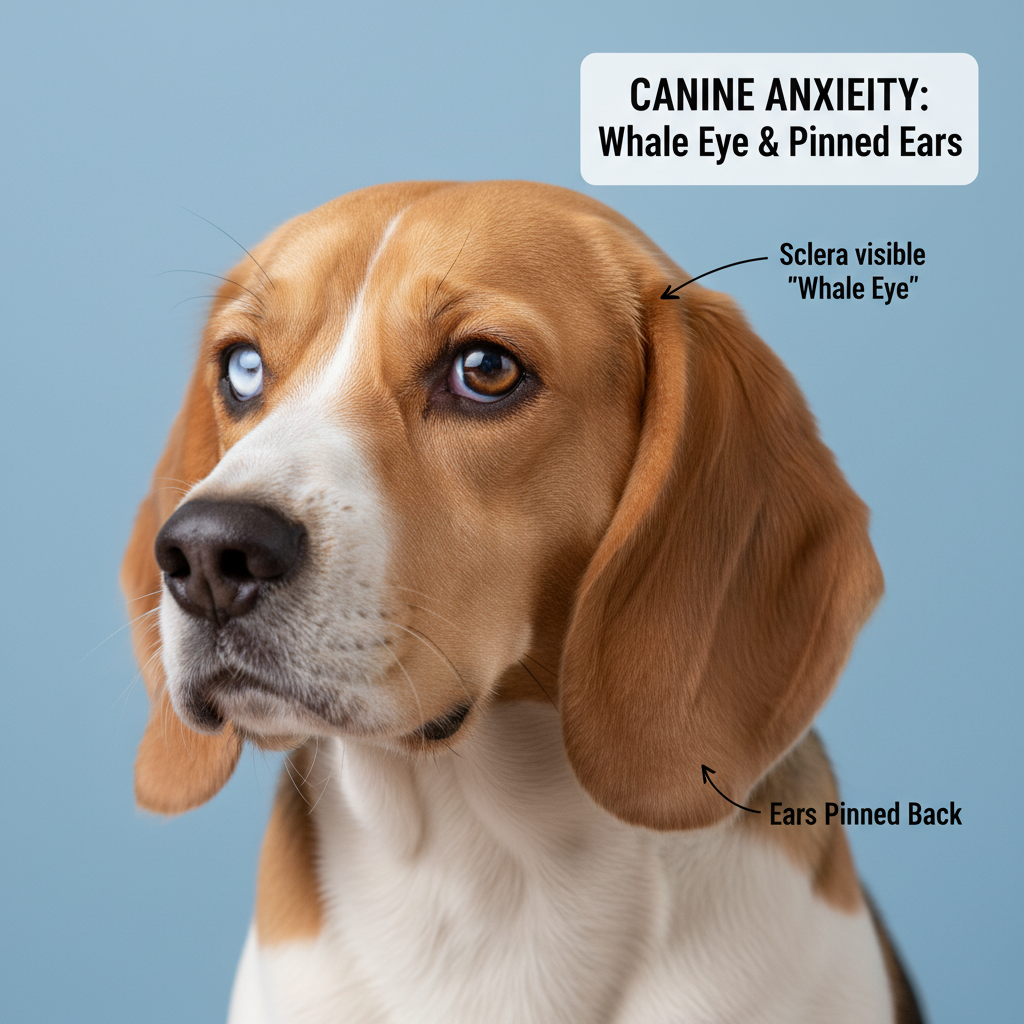 A close-up, educational-style photograph showing a Beagle with clear 'whale eye,' turning its head slightly away but with eyes fixed on something off-camera, showing the whites of its eyes. The dog's ears are slightly back, illustrating signs of canine anxiety.
