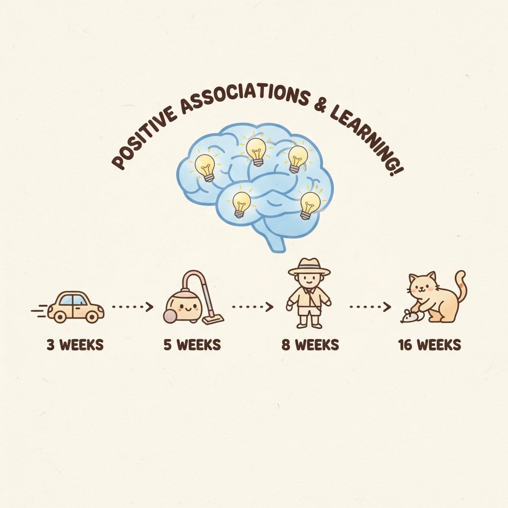 An adorable, animated infographic showing a timeline from 3 weeks to 16 weeks. Along the timeline, there are cute icons representing different experiences: a car, a vacuum cleaner, a person wearing a hat, and a friendly cat. Above the timeline, a graphic of a puppy's brain is shown with lightbulbs turning on, symbolizing learning and positive associations.