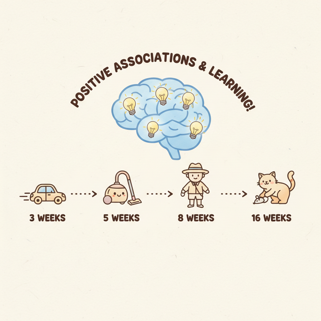 An adorable, animated infographic showing a timeline from 3 weeks to 16 weeks. Along the timeline, there are cute icons representing different experiences: a car, a vacuum cleaner, a person wearing a hat, and a friendly cat. Above the timeline, a graphic of a puppy's brain is shown with lightbulbs turning on, symbolizing learning and positive associations.