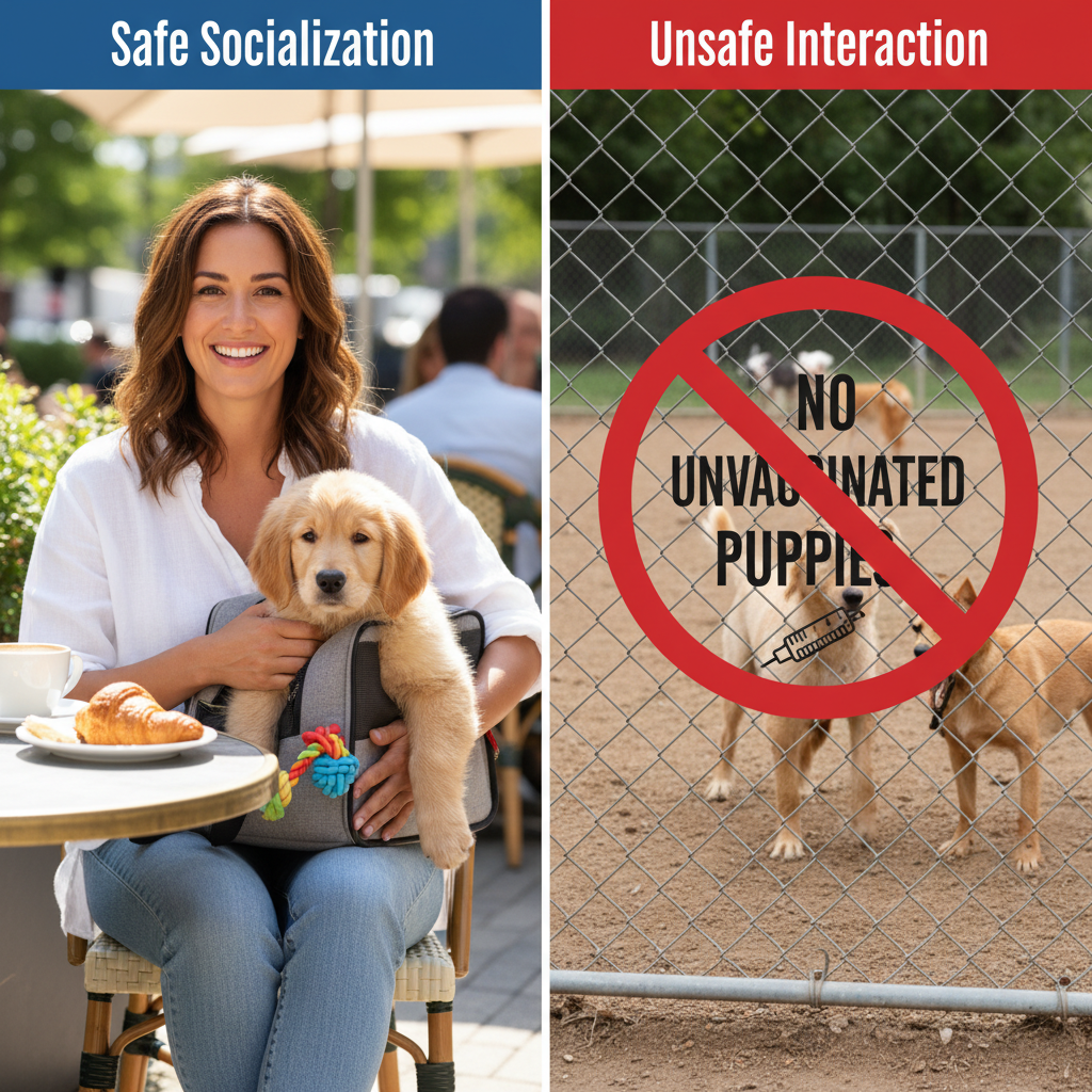 A clear, split-screen style photo. On the left, labeled 'Safe Socialization,' a woman is happily holding a small puppy in a carrier while sitting at an outdoor cafe table; the puppy is calmly observing the world. On the right, labeled 'Unsafe Interaction,' a photo of a public dog park with a big red circle and a line through it, emphasizing it's a no-go zone for unvaccinated puppies.