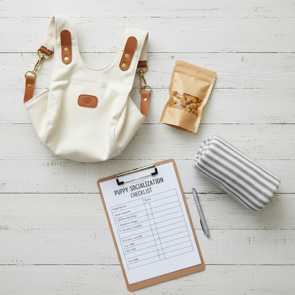 A bright, clean flat lay image on a light wood background. It features a stylish canvas puppy sling, a small, open bag of tasty-looking, high-value dog treats, a cozy rolled-up blanket, and a clipboard with a printed socialization checklist. The overall vibe is organized and positive.