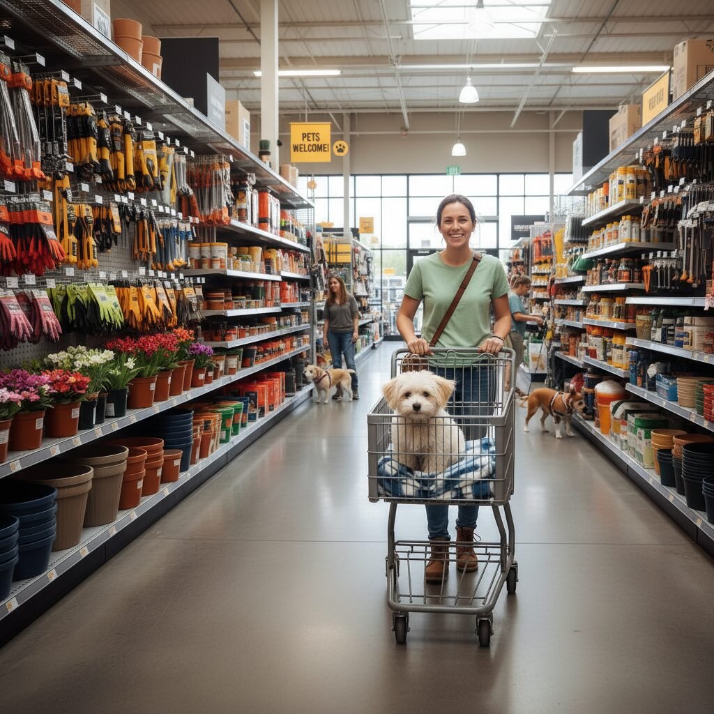 A smiling person is pushing a shopping cart in a brightly lit, pet-friendly hardware store. A happy, small breed puppy is sitting comfortably on a clean blanket inside the cart, curiously looking at the new environment.