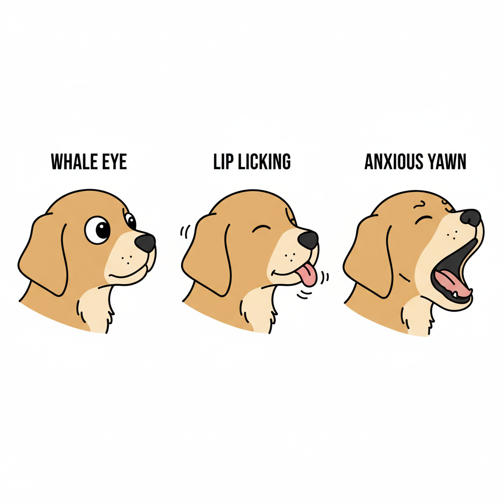 A series of three simple, clear illustrations of a puppy's head. Each illustration is labeled with a specific stress signal. The first shows 'Whale Eye' with wide, white eyes showing. The second shows 'Lip Licking' with its tongue flicking out. The third shows a big 'Anxious Yawn'.