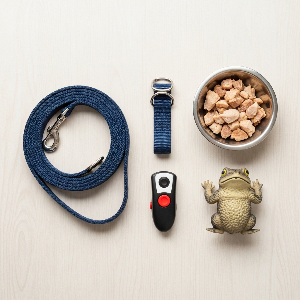 A flat-lay photograph of dog training equipment on a clean wooden background: a sturdy nylon leash, a bowl of high-value chicken treats, a training clicker, and a realistic rubber toad decoy.
