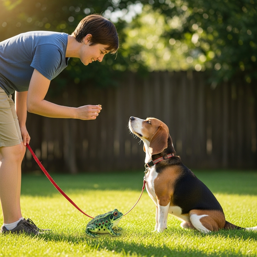 A side-profile shot of a person training a Beagle on a leash in a grassy yard. The Beagle is looking up at its owner for a treat, successfully ignoring a realistic rubber toad decoy placed on the grass nearby.