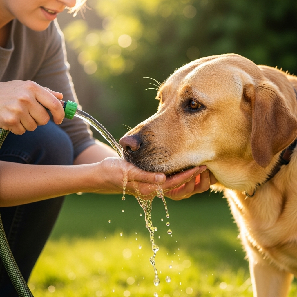 An urgent but calm scene of a person carefully rinsing their Labrador's mouth with a gentle stream of water from a garden hose. The dog's head is tilted downwards to ensure the water flows out, demonstrating the correct emergency procedure.