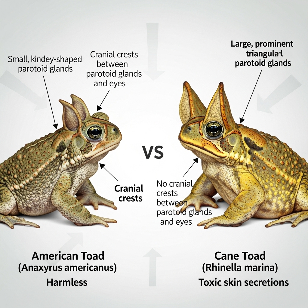 A close-up, educational infographic-style image comparing a harmless American Toad next to a toxic Cane Toad, with clear labels pointing out distinguishing features like the large parotoid glands on the Cane Toad.