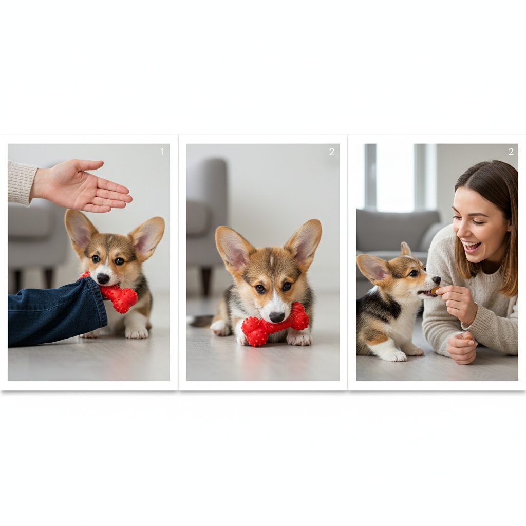 A sequence of three images in a single frame. Frame 1: A person's hand calmly offering a red rubber chew toy to a Corgi puppy that is biting a pant leg. Frame 2: The puppy has let go of the pants and is now happily chewing the toy. Frame 3: The owner is smiling and giving the puppy a small treat.