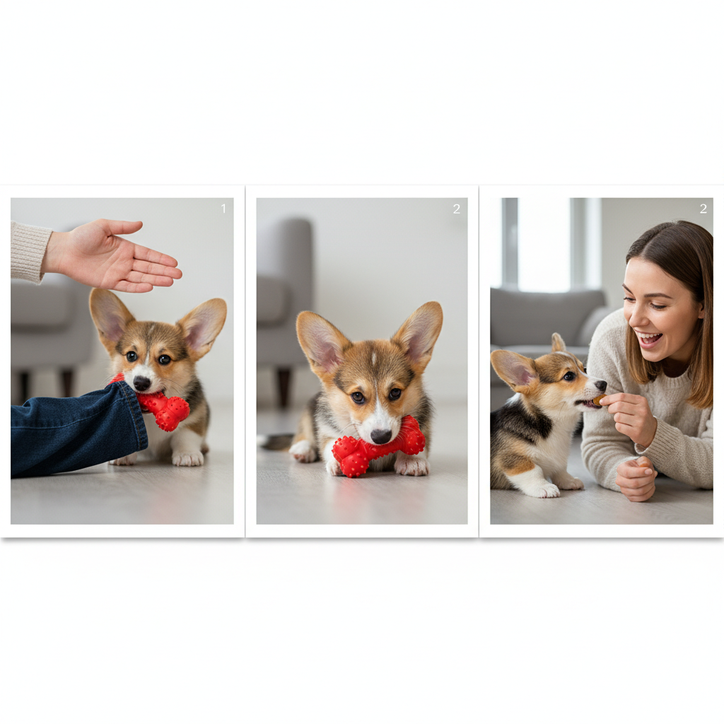 A sequence of three images in a single frame. Frame 1: A person's hand calmly offering a red rubber chew toy to a Corgi puppy that is biting a pant leg. Frame 2: The puppy has let go of the pants and is now happily chewing the toy. Frame 3: The owner is smiling and giving the puppy a small treat.