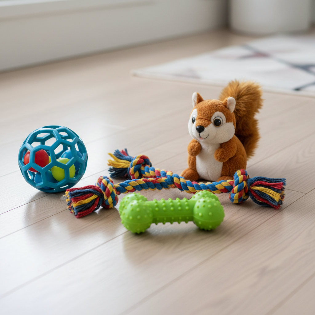 A colorful assortment of puppy toys—a rope, a squeaky plush squirrel, a puzzle ball, and a durable rubber bone—laid out on a clean wooden floor, ready for playtime.