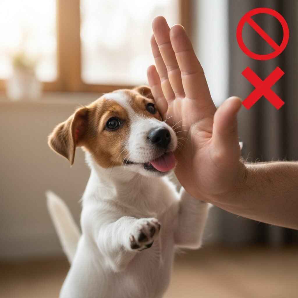 A clear visual of what NOT to do: a person's hand is shown pushing a small Jack Russell terrier's face away, while the puppy looks excited and engaged, misinterpreting the push as play. The image should have a red 'X' or circle-with-a-line-through-it icon overlaid softly in a corner.