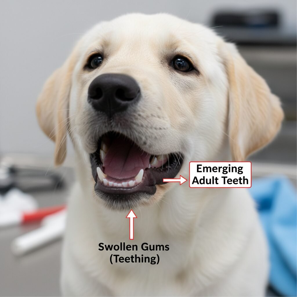 A close-up, educational-style photo showing a small puppy's mouth, with arrows pointing to its gums and emerging adult teeth to illustrate the concept of teething. The puppy is a cute Labrador retriever.
