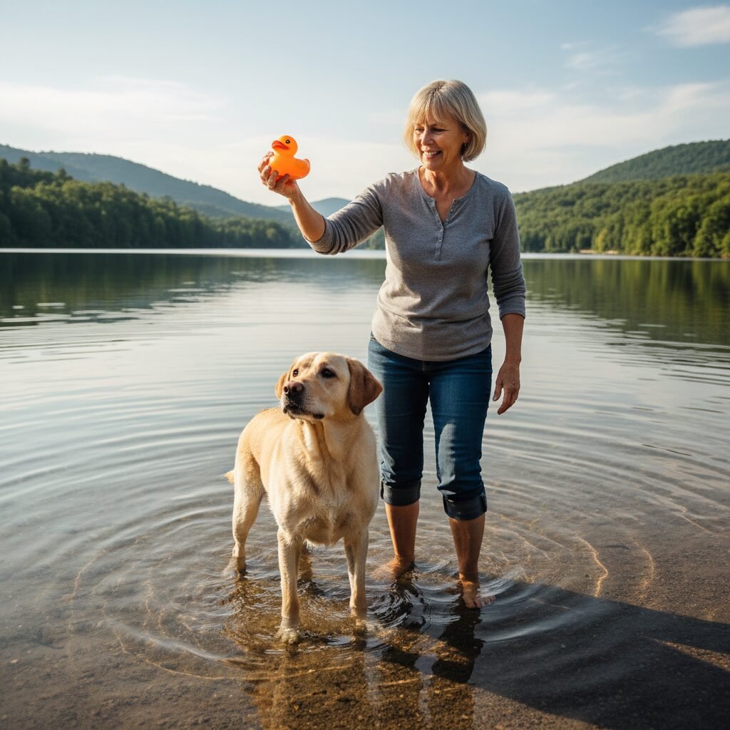 A patient owner in shallow water, smiling and holding a floating toy while their hesitant Labrador Retriever tentatively dips its front paws into the calm lake, looking curious but cautious.