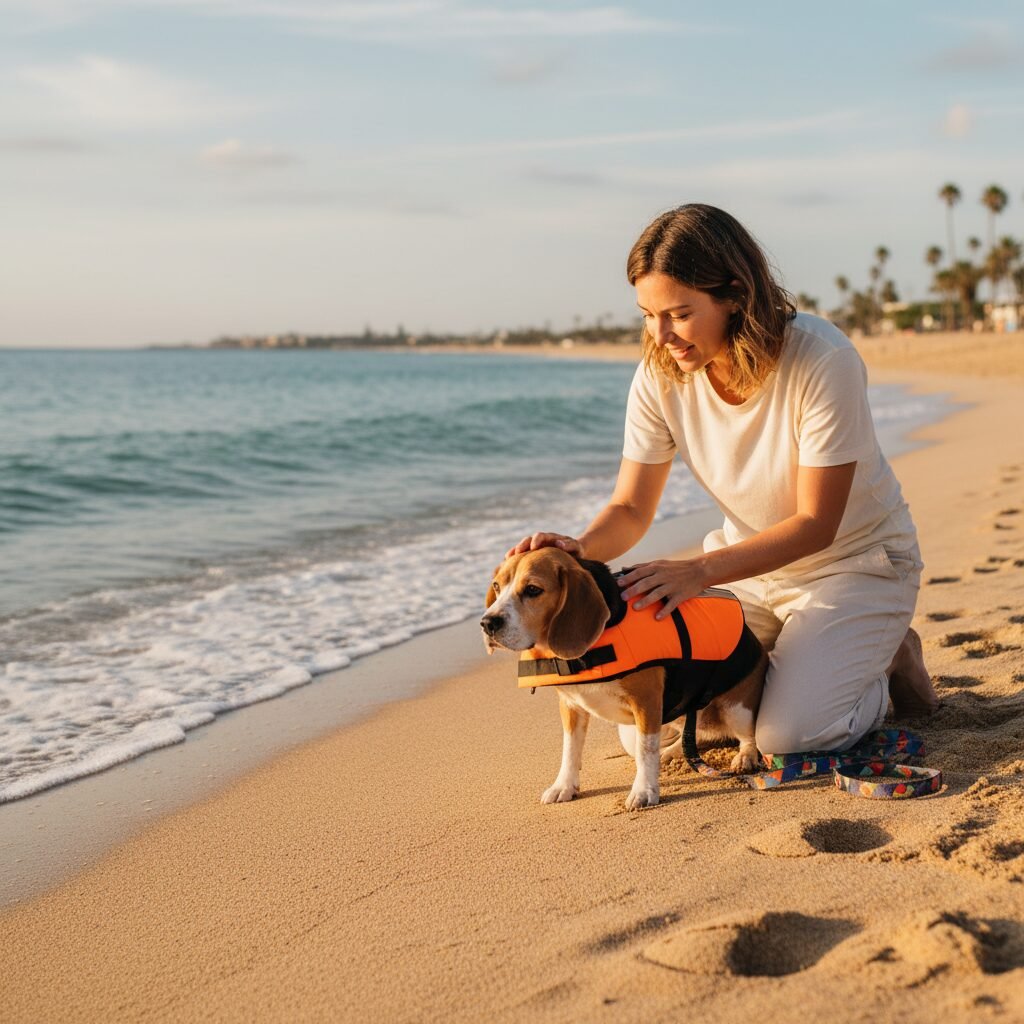 A compassionate owner kneeling on a sandy beach, gently petting their nervous-looking Beagle who is wearing a life vest and looking hesitantly at the water. The scene conveys patience and reassurance.