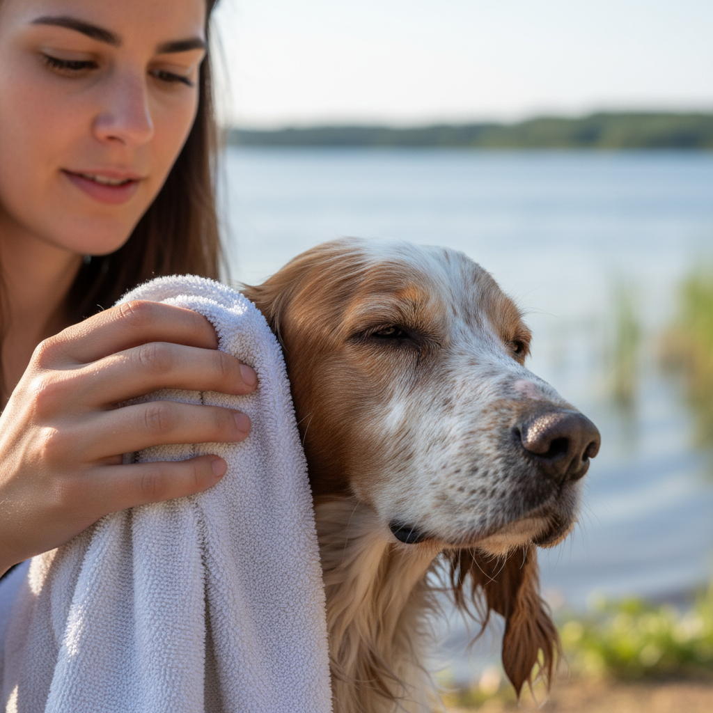A close-up shot of a caring dog owner gently drying the inside of their wet Spaniel's floppy ears with a soft towel after a swim at the lake, emphasizing post-swim care.