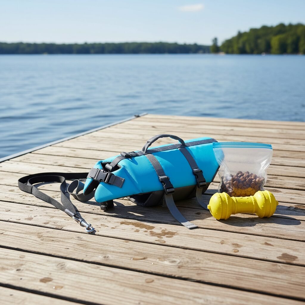 A collection of essential dog swimming gear neatly laid out on a wooden dock: a bright blue canine life vest, a floating yellow fetch toy, a waterproof pouch of treats, and a long, non-retractable leash.