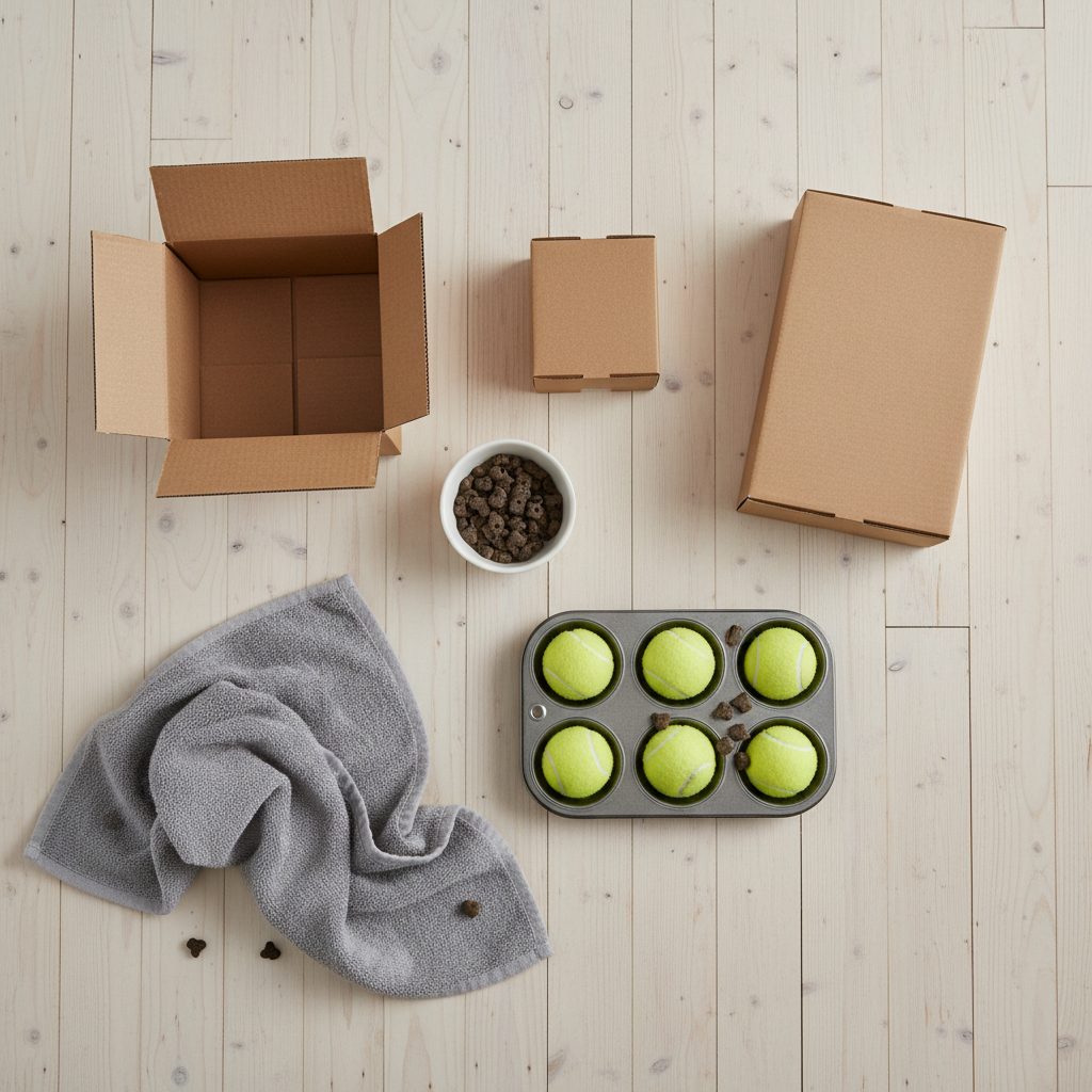 A top-down, flat-lay photo on a clean wooden floor showing the simple tools for scent games: a small bowl of smelly treats, three cardboard boxes of different sizes, a muffin tin with tennis balls, and a crumpled-up towel.