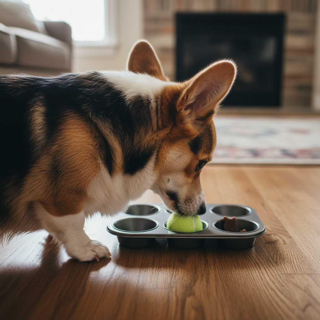 An over-the-shoulder view of a Corgi with its nose deep in a muffin tin, successfully pushing a tennis ball out of a cup to reveal a treat. The dog's ears are perked up in excitement.