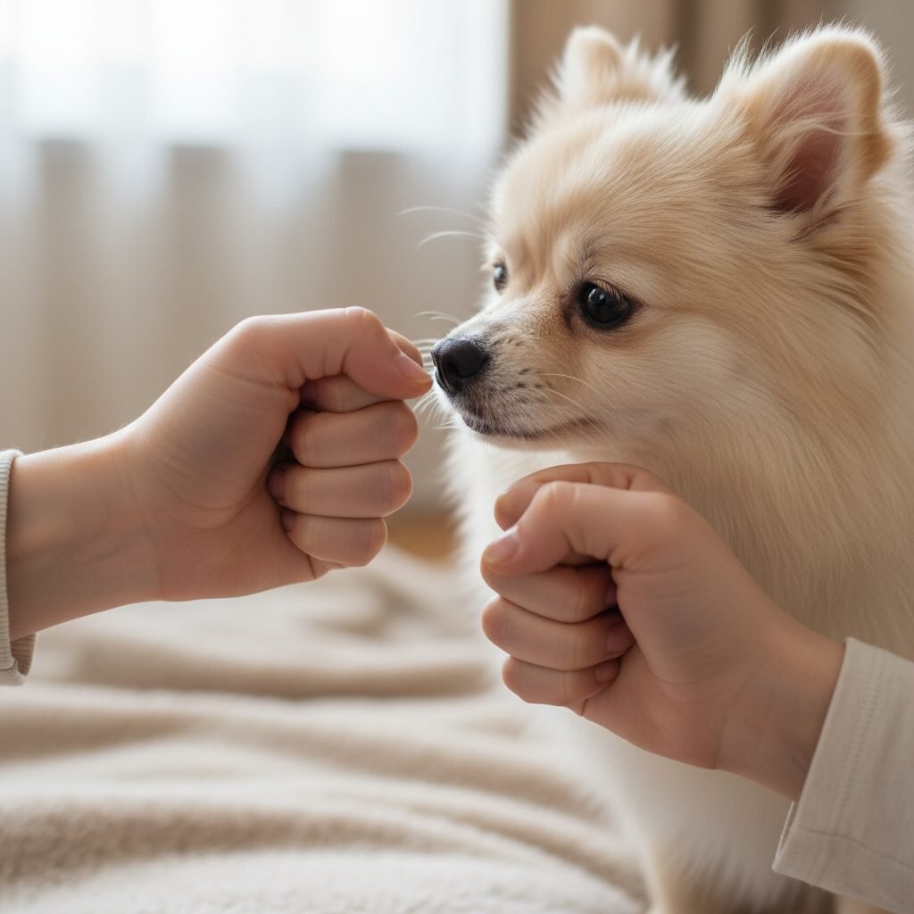 A close-up shot focusing on a person's two closed fists being presented to a small, fluffy Pomeranian. The dog's tiny nose is pressed right up against one of the hands, sniffing intently.
