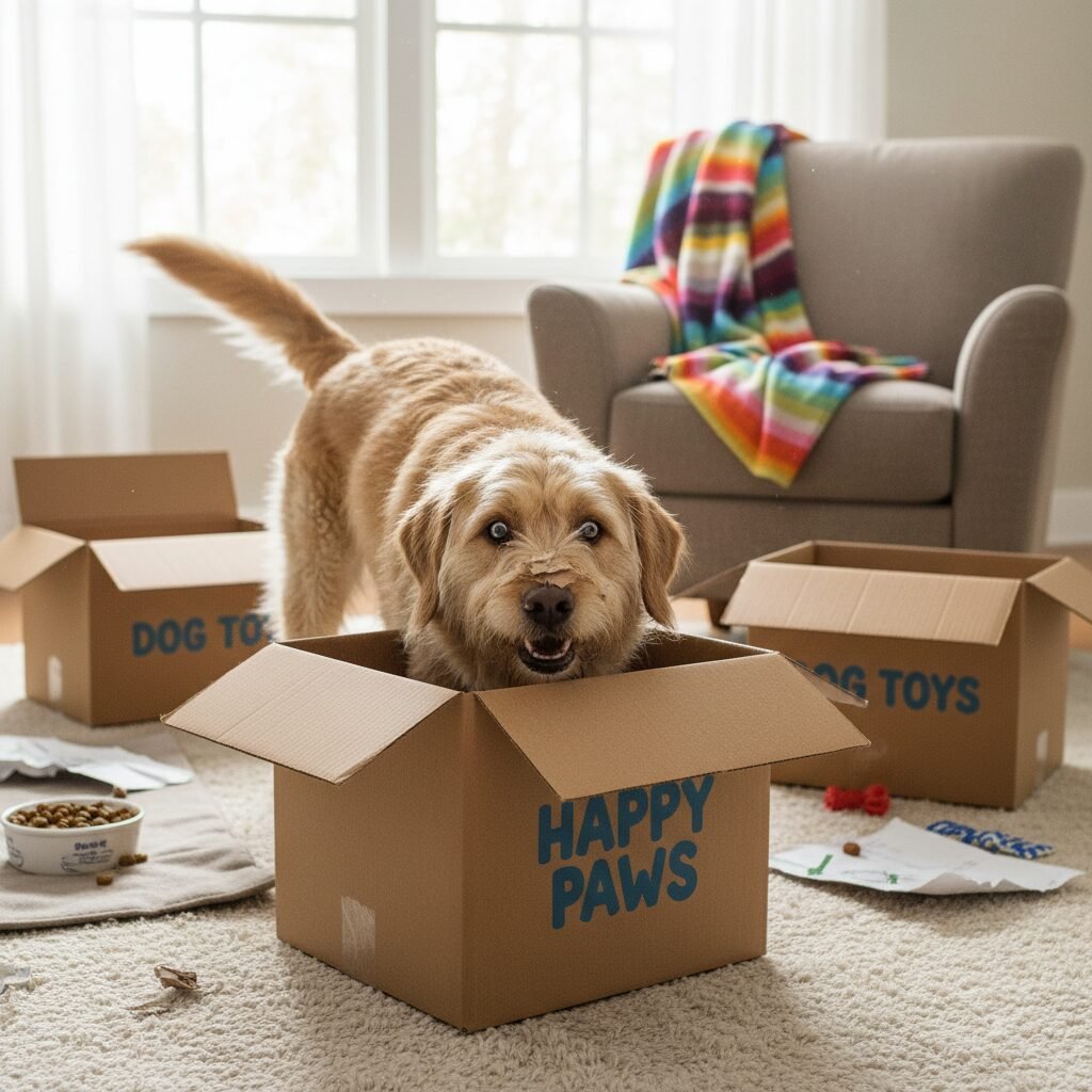 A goofy-looking Labrador mix with its entire head and shoulders inside a medium-sized cardboard box. Two other empty boxes are scattered nearby in a slightly messy, fun-looking living room.
