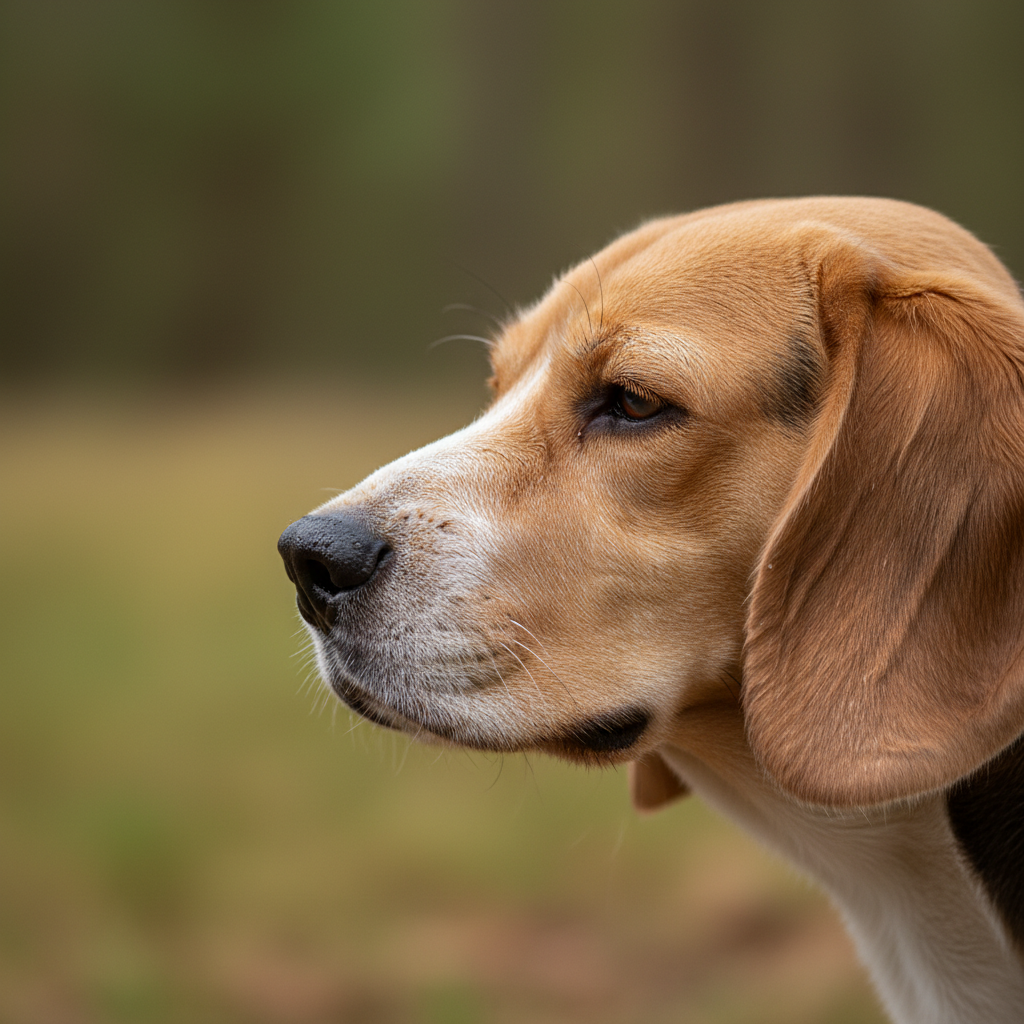 A beautiful close-up, side-profile shot of a Beagle's head, with its nose twitching and focused. The background is softly blurred, emphasizing the texture of the dog's wet nose and its intense concentration.