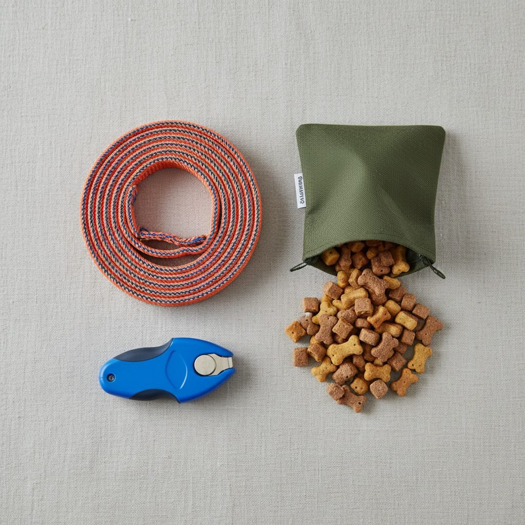 A clean, flat-lay photograph of the essential training tools on a neutral background. A sturdy, colorful nylon leash is coiled neatly next to a treat pouch overflowing with small, delicious-looking training treats, and a bright blue clicker sits beside them. The image should look organized and appealing.