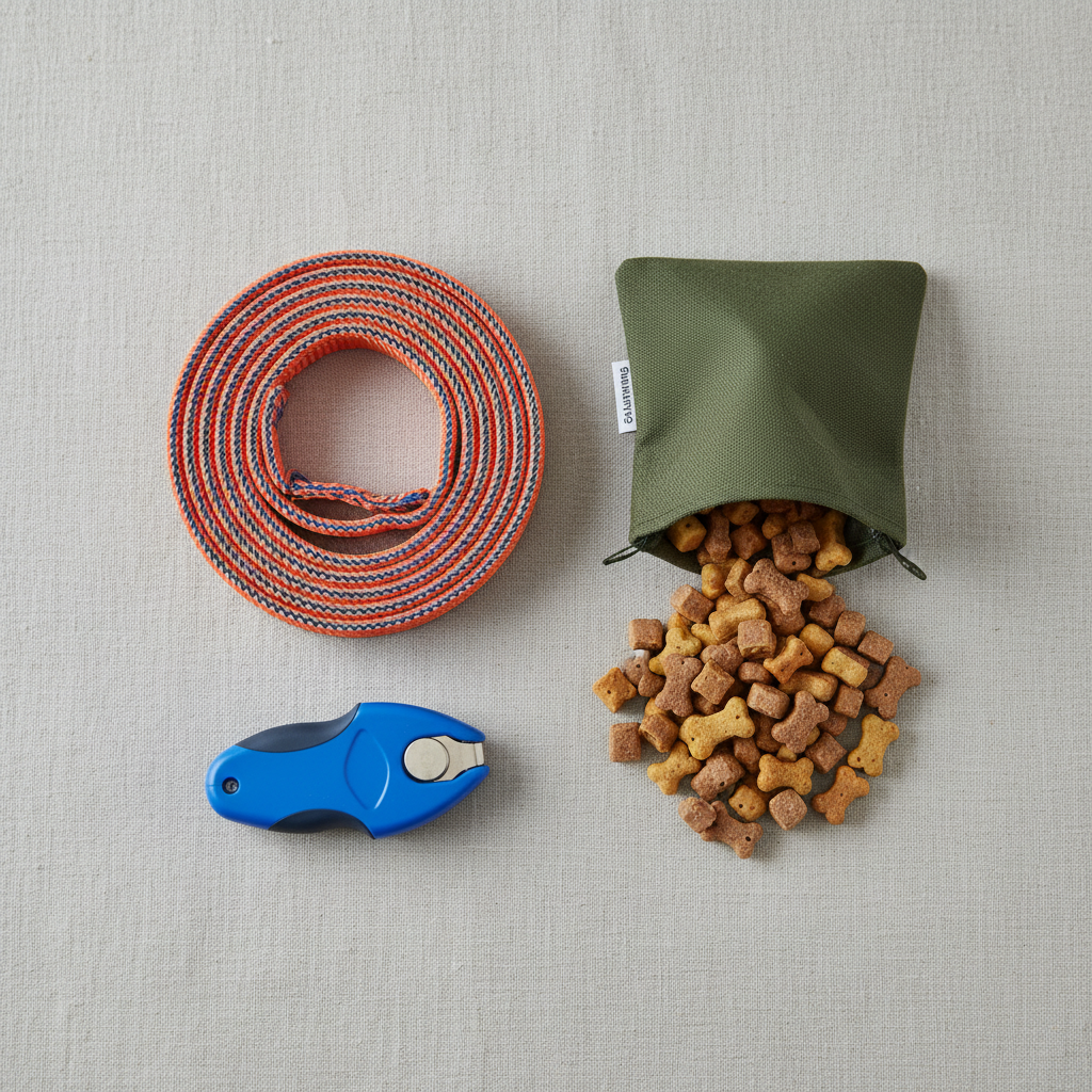 A clean, flat-lay photograph of the essential training tools on a neutral background. A sturdy, colorful nylon leash is coiled neatly next to a treat pouch overflowing with small, delicious-looking training treats, and a bright blue clicker sits beside them. The image should look organized and appealing.