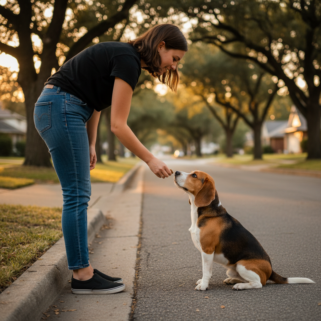 A close-up, side-profile shot of a person and their Beagle practicing the command on a quiet, tree-lined suburban street. The owner's foot is planted firmly at the edge of the curb, and they are rewarding the patiently sitting Beagle with a treat. The focus is on the positive interaction and the precise moment of reward.