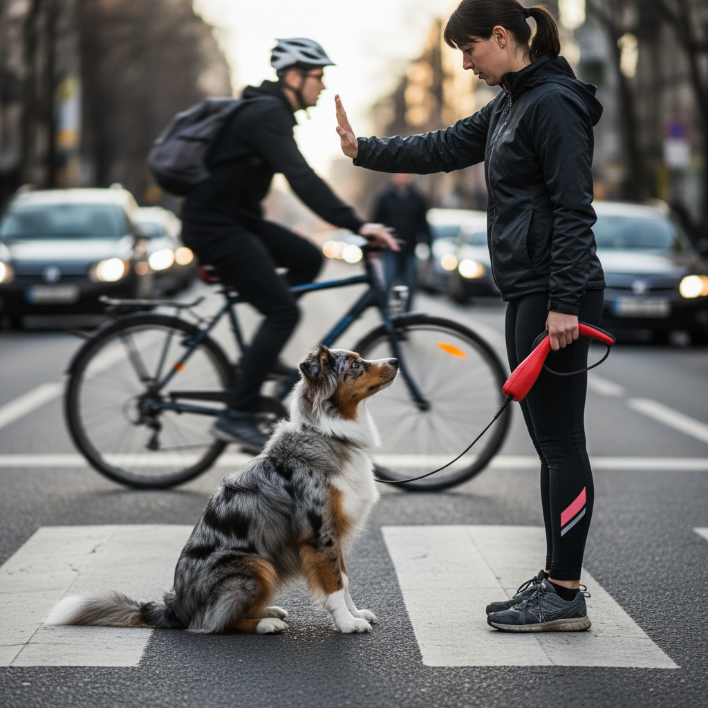 A dynamic photo of a woman with her Australian Shepherd practicing the 'stop' command at a moderately busy crosswalk. In the background, out of focus, a cyclist is riding by, representing a real-world distraction. The dog is focused on its owner, ignoring the cyclist, perfectly illustrating the concept of 'proofing'.