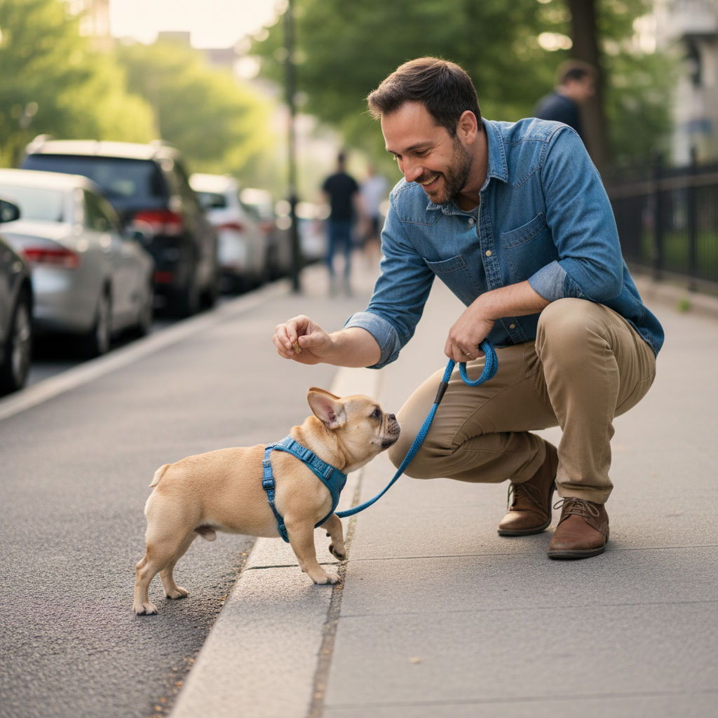A compassionate, eye-level shot of a man patiently and kindly resetting his young, energetic French Bulldog who has started to step off the curb. The man is smiling gently and holding a treat near the dog's nose to lure it back onto the sidewalk, capturing a moment of positive correction and patience.