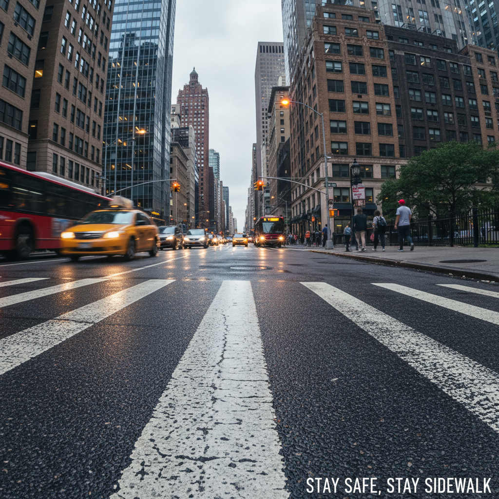A dramatic, low-angle shot from a dog's perspective, looking across a busy city street. The crosswalk lines are prominent in the foreground. Cars and buses are slightly motion-blurred to convey speed and danger, highlighting the importance of staying safely on the sidewalk.