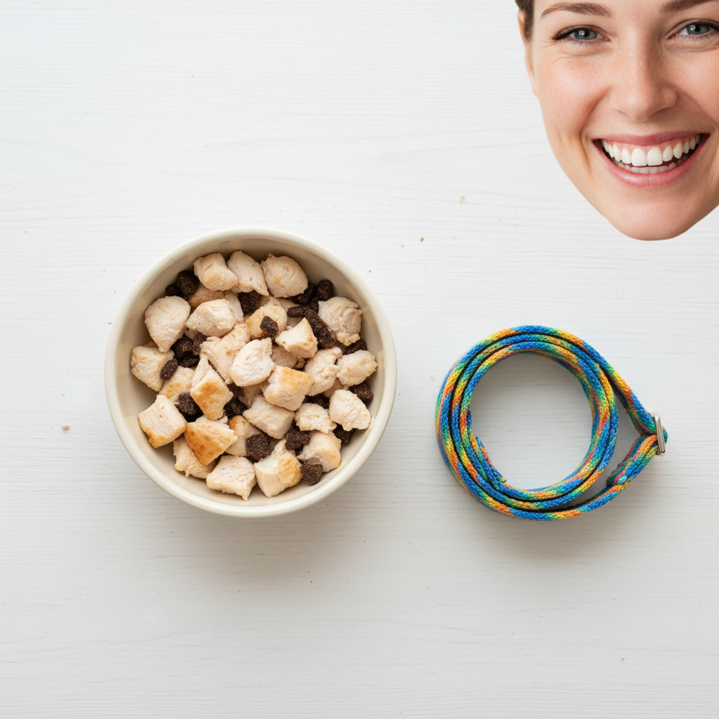 A bright, clean flat-lay photo showing the simple tools for the game: a small bowl of high-value treats like tiny pieces of chicken, a soft and colorful puppy collar, and a person's smiling face partially visible in the corner, ready to play.