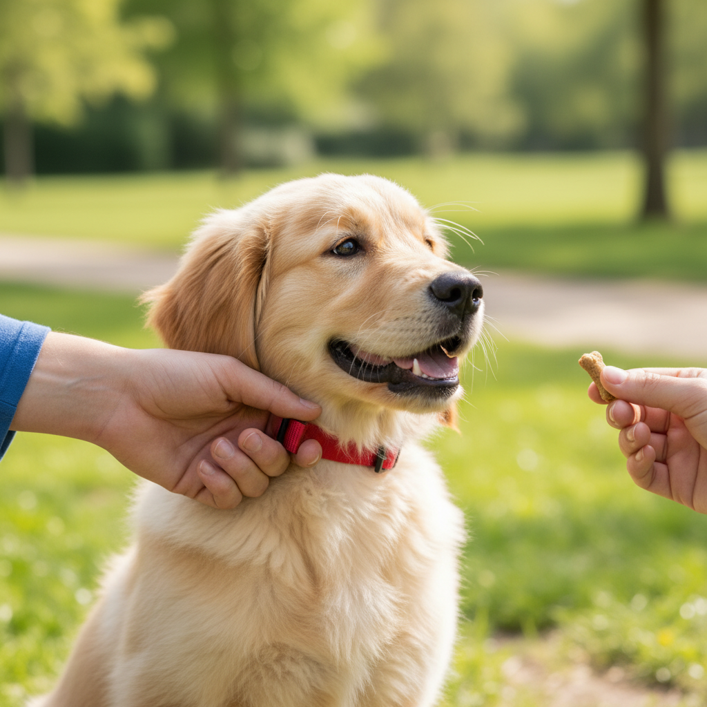 A close-up, eye-level action shot of Step 4 in progress. A person's hand is gently holding a puppy's collar between their thumb and forefinger. The puppy has a happy, engaged expression and is looking at the treat in the person's other hand, which is just coming into frame.