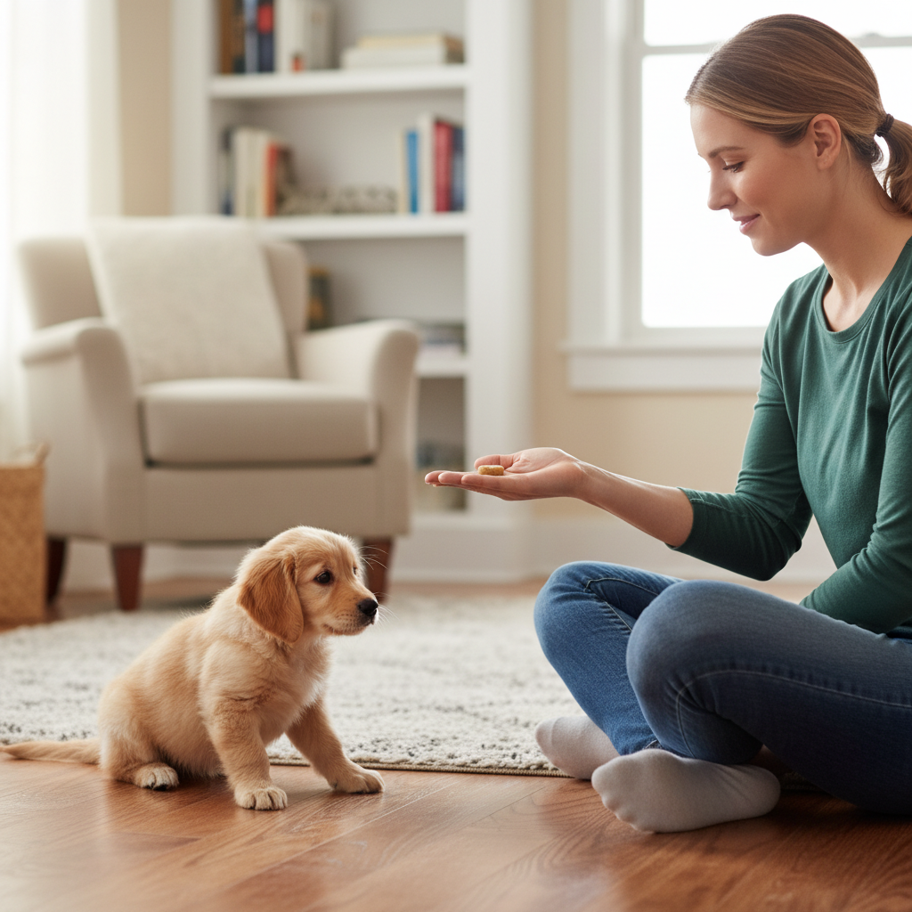 A candid shot of a person sitting on the floor, patiently holding a treat out. A small, hesitant puppy is a few feet away, looking at the person and the treat, contemplating its next move. This image captures a moment of troubleshooting and patience in a training session.