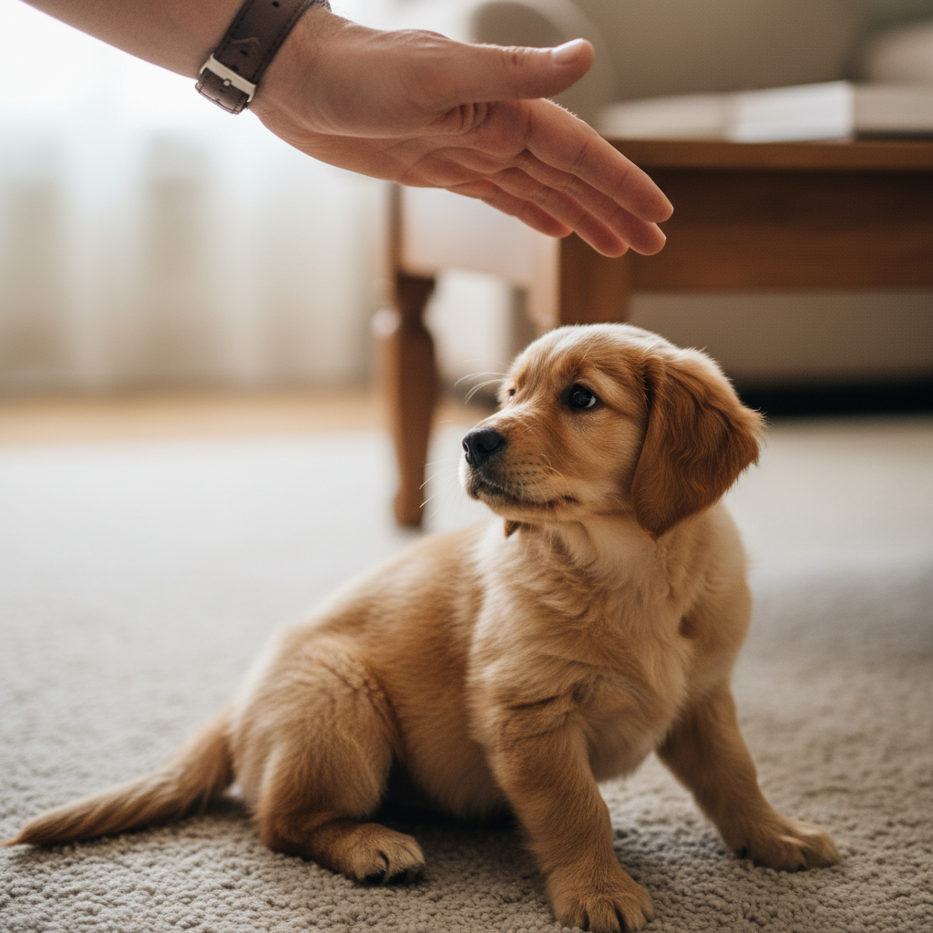 A shot from a puppy's low point of view, looking up at a large human hand reaching down towards it. The puppy has its ears slightly back and is showing apprehensive body language, illustrating why the action can be intimidating.