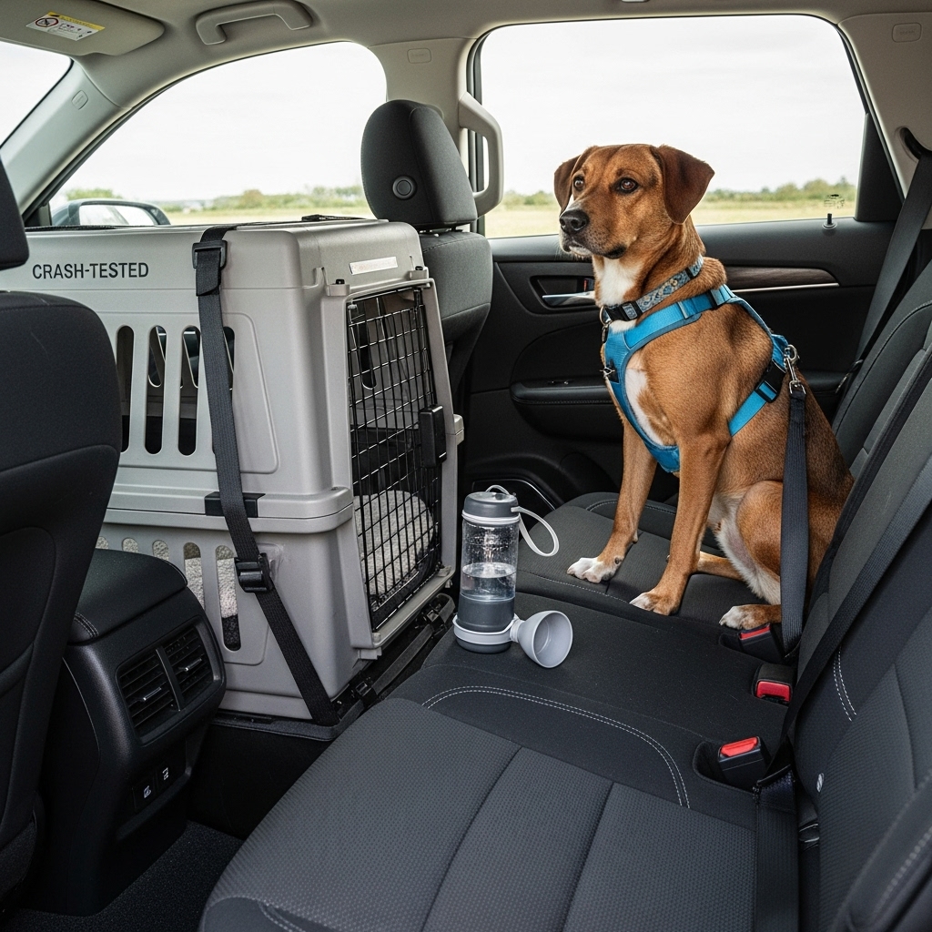 A clean, well-organized car back seat showcasing essential dog travel gear: a crash-tested dog crate on one side, a dog wearing a safety harness clipped into the seatbelt on the other, and a portable water bottle.