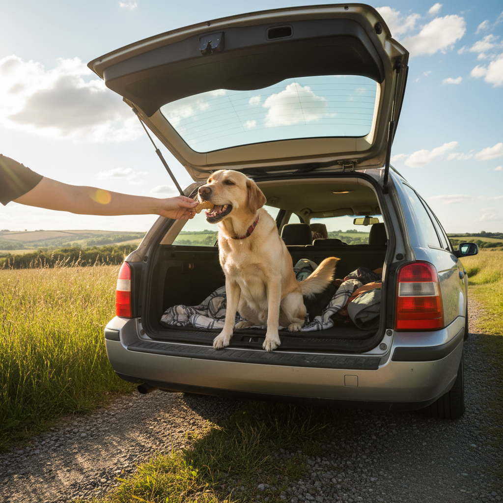 A happy Labrador retriever sitting in the back of a parked station wagon with the tailgate open, enthusiastically eating a treat from its owner's hand on a sunny day.