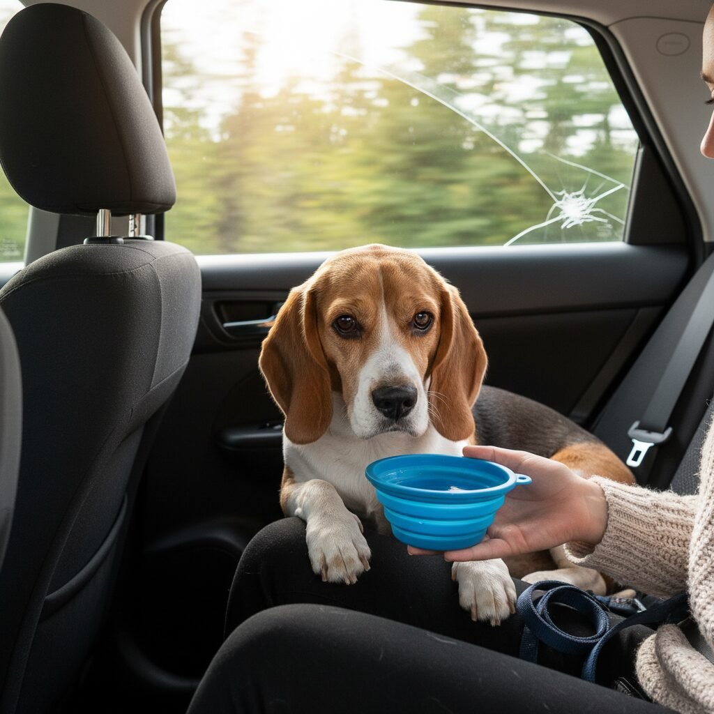 A compassionate dog owner gently offering a travel water bowl to their sad-looking beagle sitting in the back seat of a car. The car window is slightly cracked open to show fresh air.