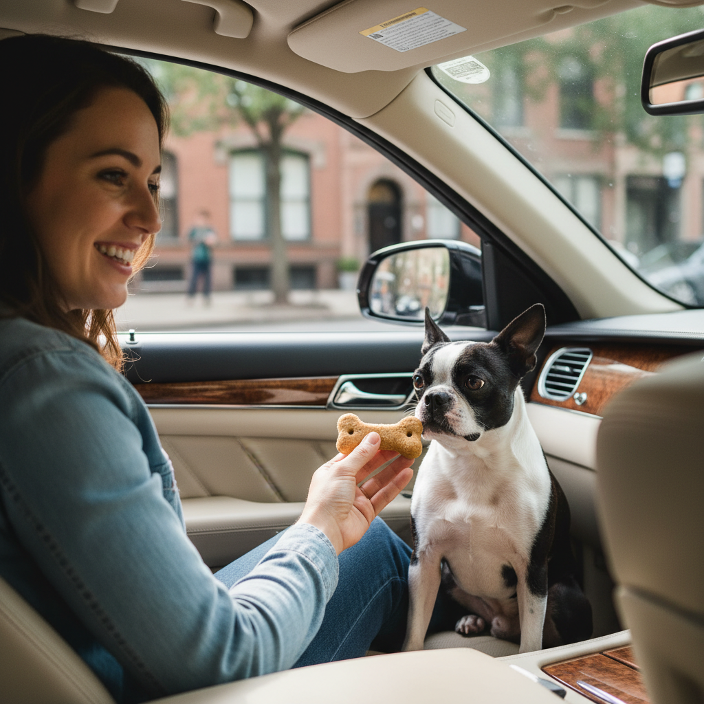 A person sitting in the driver's seat of a parked car, turned around with a smile and offering a high-value treat to a calm and attentive Boston Terrier sitting in the passenger seat.