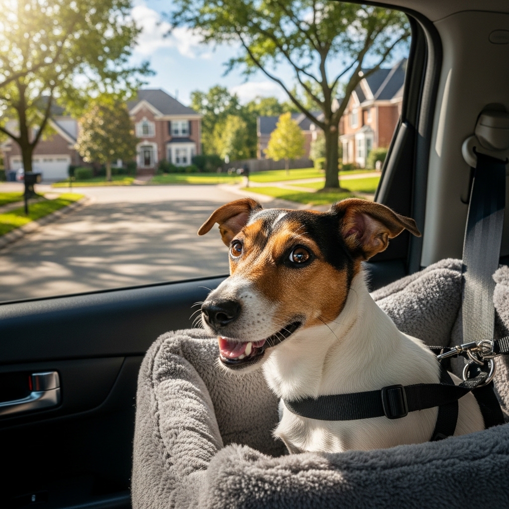 A cheerful Jack Russell Terrier safely harnessed in a dog car seat, looking eagerly out the window as the car drives down a quiet, sun-dappled suburban street.