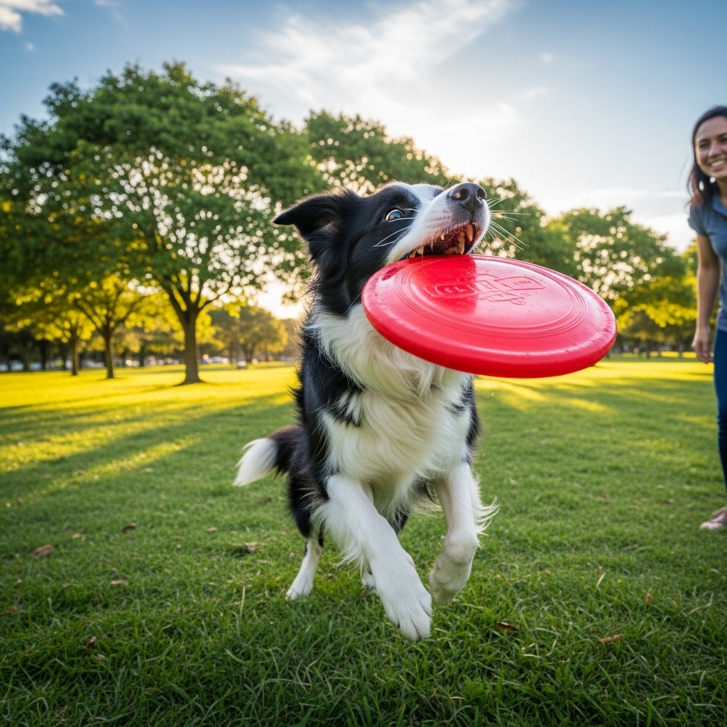 A joyful Border Collie in mid-air, catching a bright red frisbee in a lush green park. The owner is visible in the background, smiling, creating a scene of positive and engaging play.