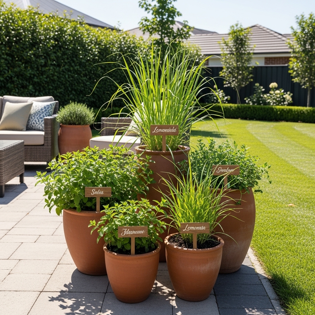 A clean and tidy suburban backyard patio area. On the patio are several attractive terracotta pots planted with flourishing mint and lemongrass, with descriptive labels. The lawn is neatly mowed.